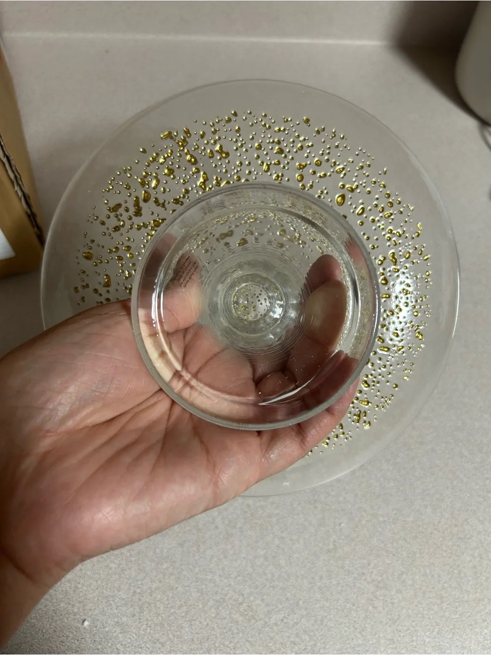 Anthropologie Clear Glass Pedestal Cake Stand with Gold Bubble Accents